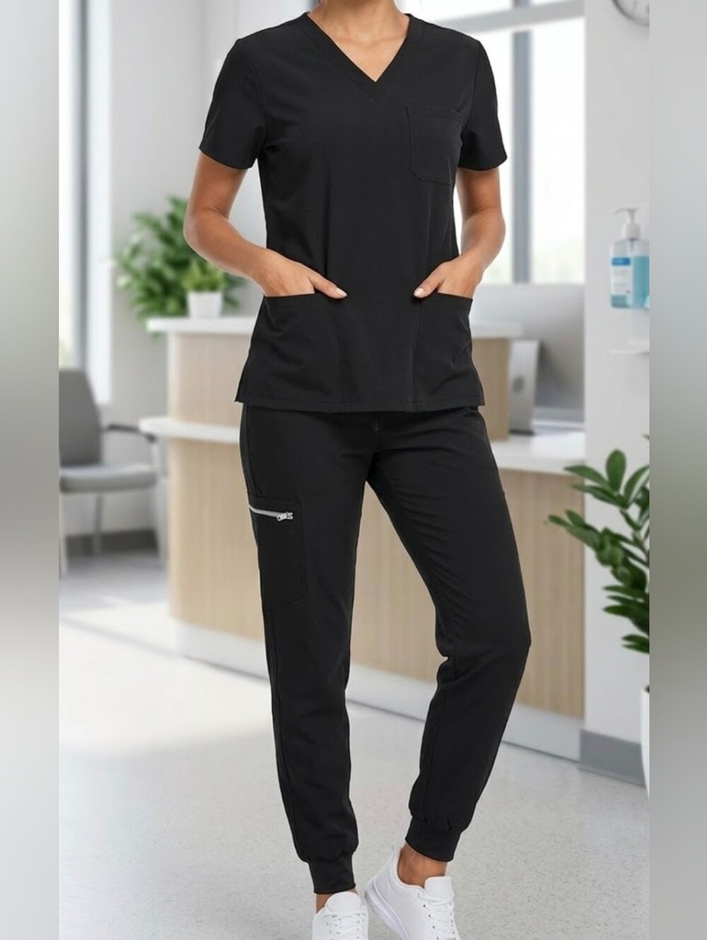 Cozy Fit Black 2pc Scrubs Set Size M Medium Pants Shirt Stretch Joggers Top NEW